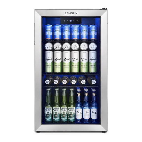 EUHOMY 125 Can Beverage Refrigerator and Cooler with Glass Door for Home, 17.3 in D, 31.5 in H, Silver