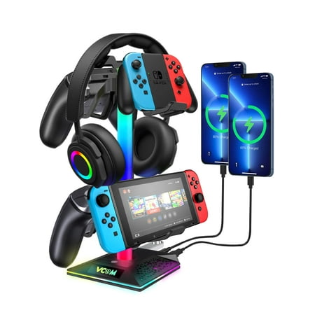 VCOM RGB Gaming Headphones Stand with 2 USB and 1 Type-C Ports, Headset Stand with 10 Light Modes and Non-Slip Rubber,Suitable for All Earphone Accessories, Best Gift for Desk Gamers C23