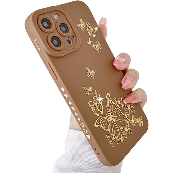 Compatible with iPhone 14 Pro Max Case, Butterfly Pattern with Side Plated Heart Pattern Soft Silicone Shockproof Full Camera Lens Cute Case for iPhone 14 Pro Max 6.7" for Women Girl Brown