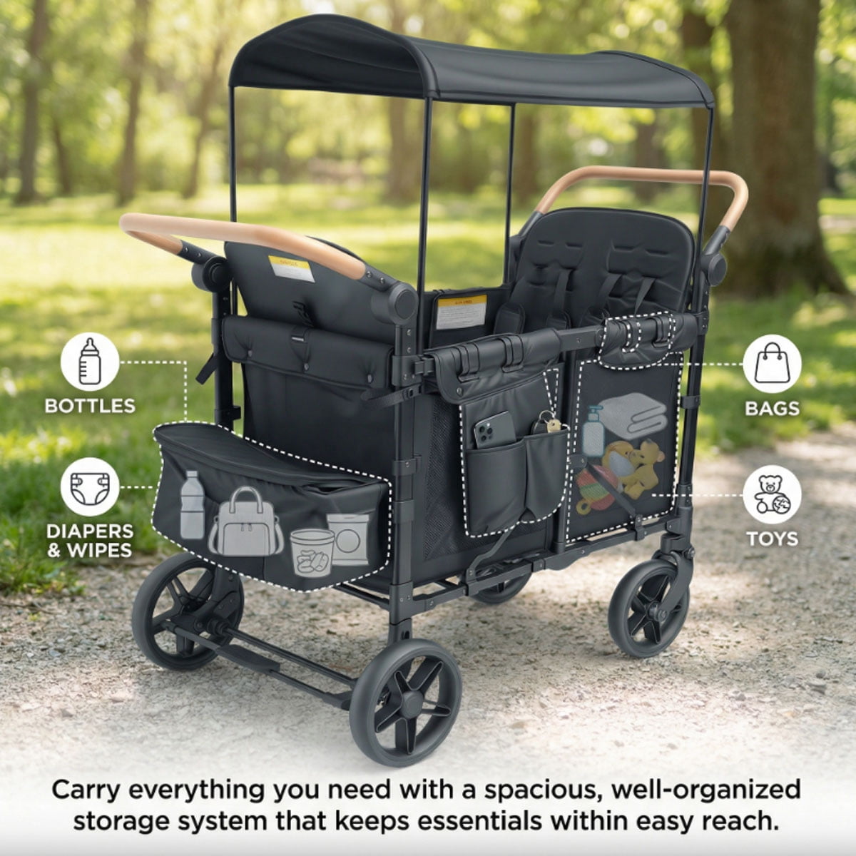 Collapsible Wagon Stroller, Wagon Stroller for 4 Kids with All Wheels Shock-Absorbing,5 Point Harness,Removable Canopy & Storage Bag for Outdoor