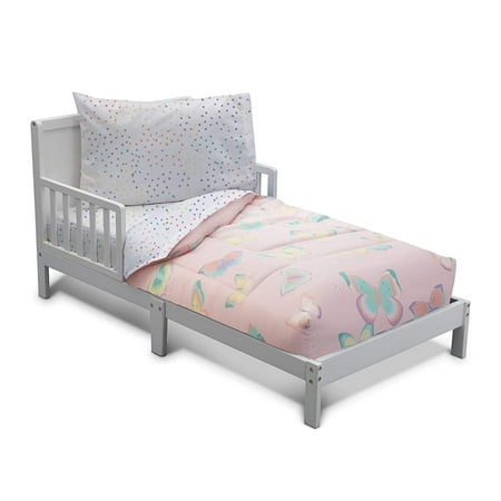 Delta Children 4-Piece Girls Toddler Bedding Set Collection | Includes: Fitted Sheet Flat Top Sheet w/ Elastic Bottom Fitted Comforter w/ Elastic Bottom Pillowcase | Flutter| Pink