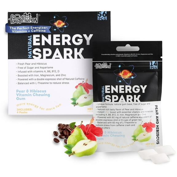 Funstitution 60 mg Natural Caffeine Gum (56pcs) | Contains Vitamin A, B6, B12, D, L-Theanine, Xylitol, Iron, Zinc, Magnesium | Focus & Energy Gum Caffeinated For Athletes | Pear And Hibiscus Flavor