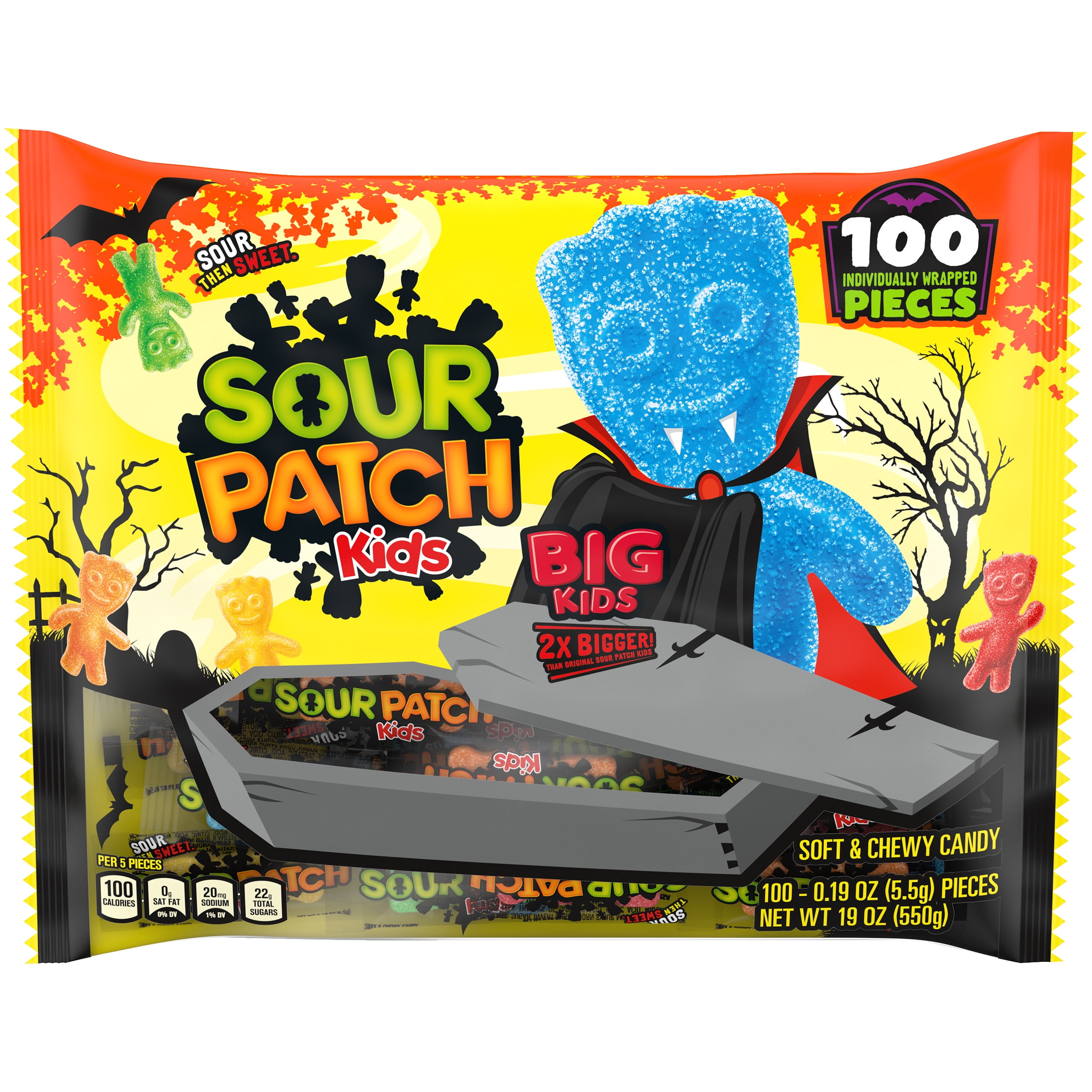 SOUR PATCH KIDS BIG Soft & Chewy Halloween Candy, 19 oz (100 Total
