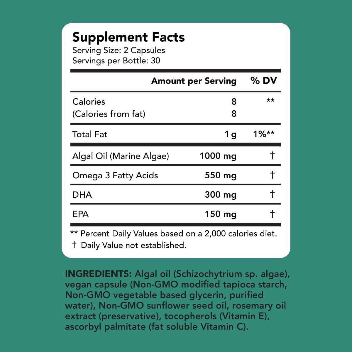 Amandean Vegan Omega-3 Supplement. Fish Oil Alternative! Plant Based DHA & EPA Algal Oil. 60 Capsules. Joint, Heart, Skin, Brain, Eye