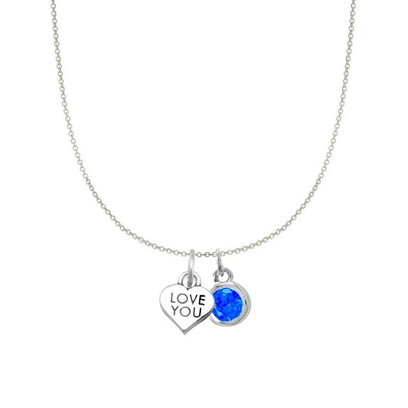 Precious Stars Sterling Silver Love You Heart and September Birthstone Charm Necklace