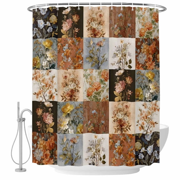 Floral Patchwork Shower Curtain Set - Standard 72" x 72" Washable Bathtub Curtain with 12 Hooks, Vintage Country Geometric Flower Waterproof Fabric Stall Shower Curtains for Bathroom/Bathtub Décor