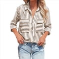 thumbnail image 3 of Camisas A Rayas con Botones para Mujer, Blusas Casuales de Larga con Cuello en V y Bolsillos Caqui XL, 3 of 7