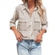 thumbnail image 3 of Camisas A Rayas con Botones para Mujer, Blusas Casuales de Larga con Cuello en V y Bolsillos Caqui M, 3 of 7