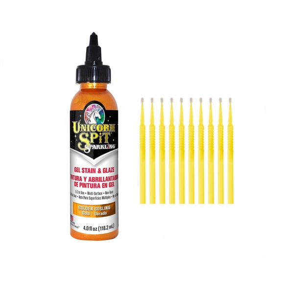 Unicorn SPiT Gel Stain & Glaze in One - 20 Complete Original & Sparkle Paint Collection with 10 TreBBies Fine Detail Sticks (4oz, Golden Gosling)