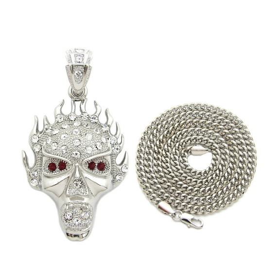 Stone Stud Flaming Skull Pendant with 4mm 30" Cuban Chain Necklace in Silver-Tone