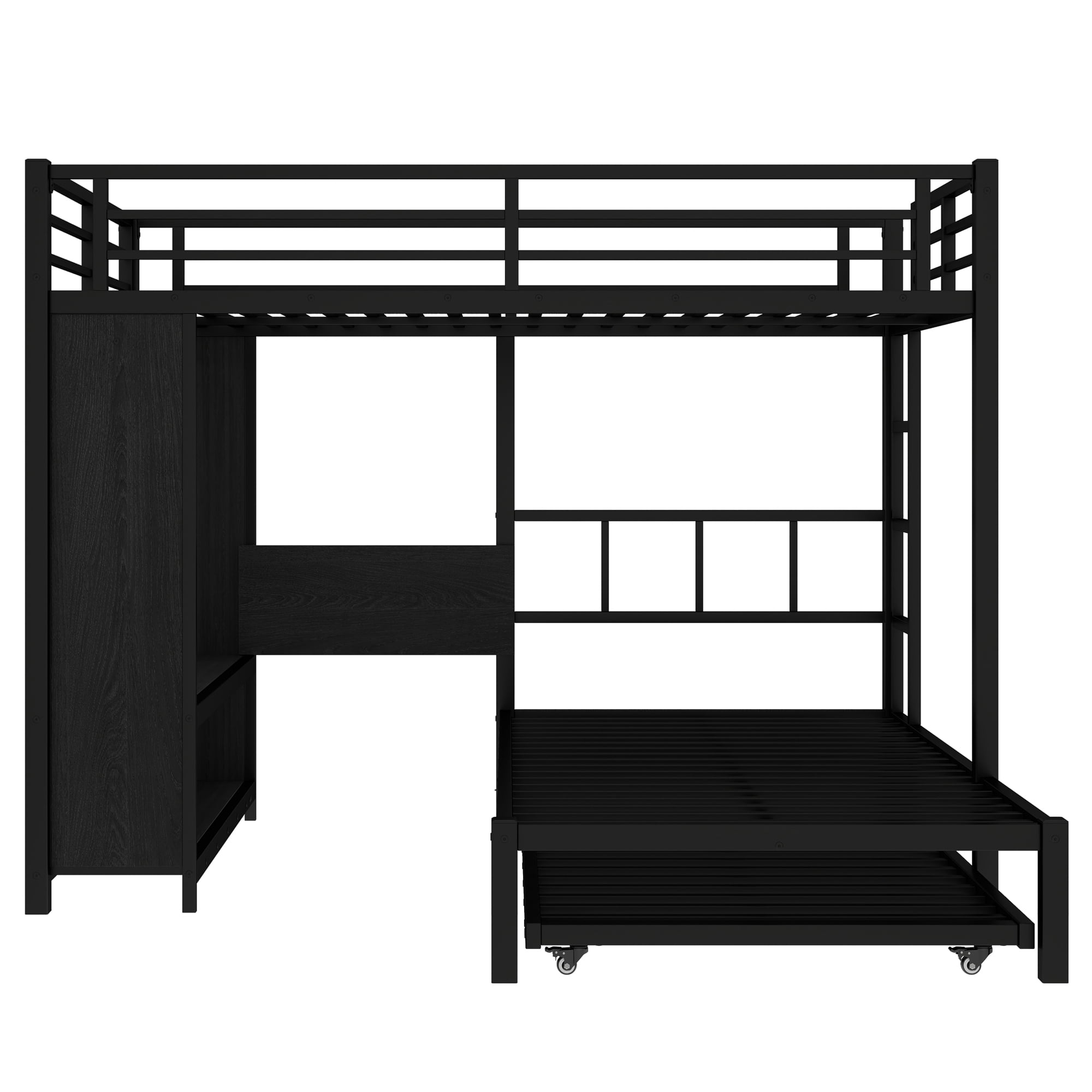 Full over Twin Bunk Bed with Built-in Wardrobe, Metal Bunk Bed with Trundle, Foldable Desk, Ladders, Black