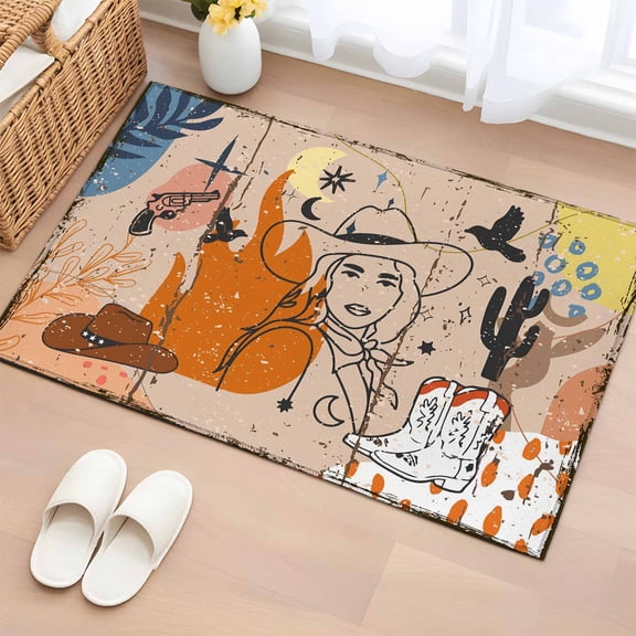 Western Cowboys Entryway Rug 2'x3' Non Slip Front Door Mats, Vintage Boho Abstract Cactus Beige Entrance Rugs Indoor Outdoor Carpet, Washable Floor Mats Small Area Rug for Bedroom Kitchen