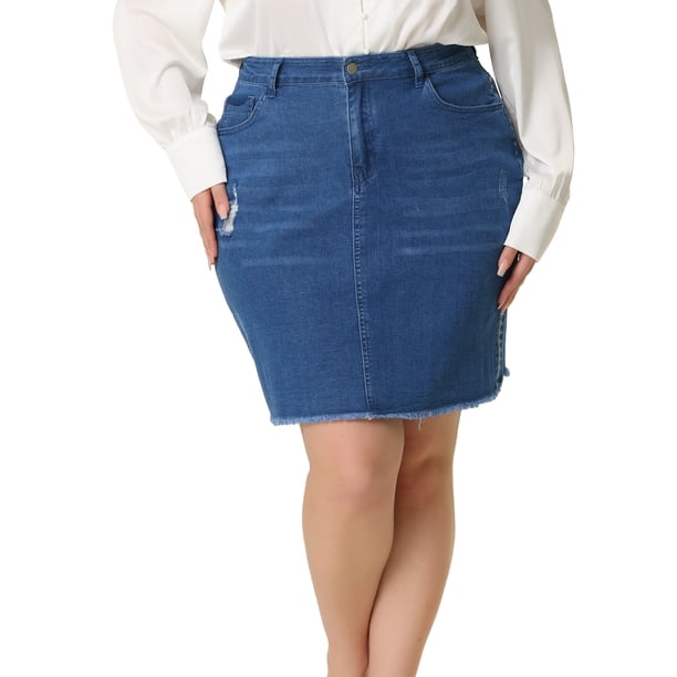 Falde mezclilde talgrande pamujer Faldas de mezclildesgastadas bordadas informales Azul medio XL