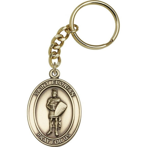 Antique Gold-Plated St. Florian Keychain 1 7/8 x 1 1/4 inches