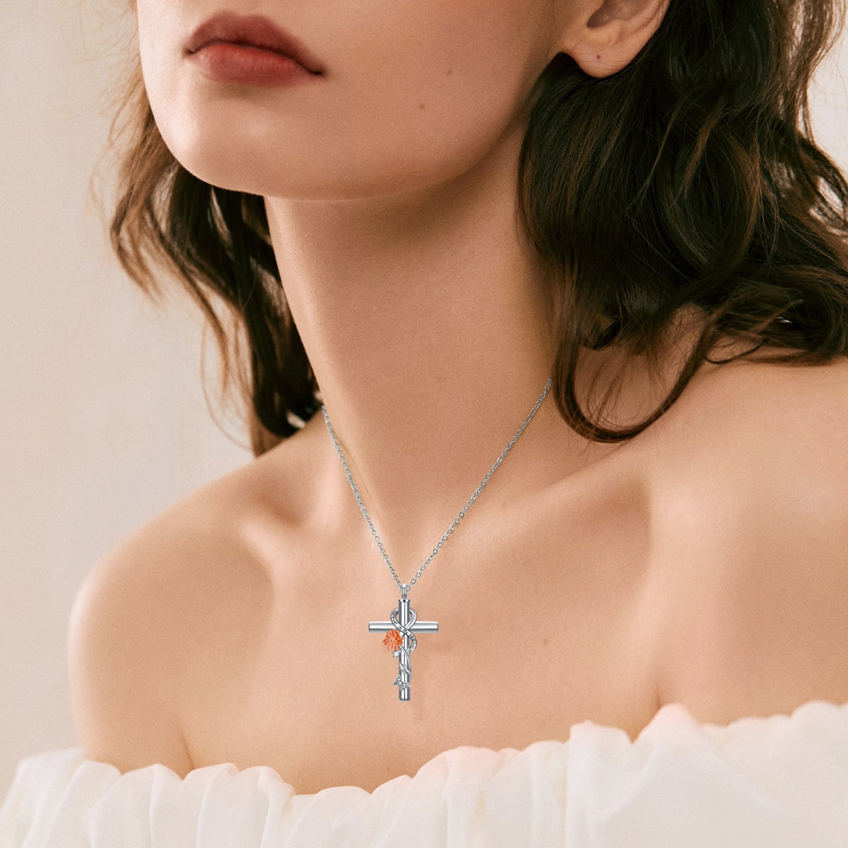 CACA LADY Chrysanthemum Cross Urn Necklace 925 Sterling Silver Cremation Jewelry with Funnel