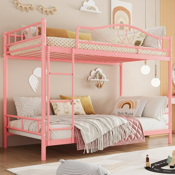 YUSAZENS Twin Over Twin Metal Bunk Bed with Ladder & Guardrails, 400lbs Capacity Space-Saving Design, No Box Spring, Pink