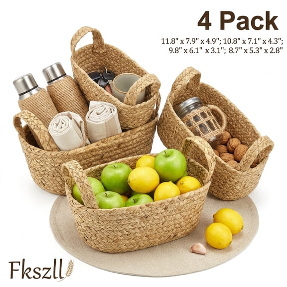 FKSZLL 4Pcs Woven Storage Basket with Handle Decorative Baskets for Shelves Decor Hemp Rope Storage Baskets Bin for Organizing Fruit Vegetable Snacks
