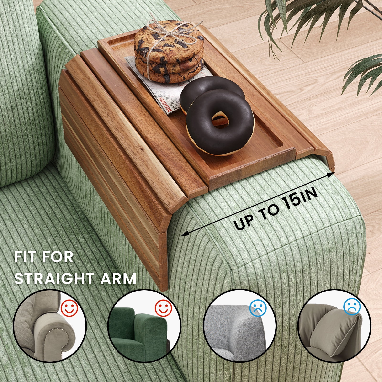 Danfoxer Sofa Arm Tray,Acacia Wood Folding Couch Arm Tray,Sofa Armrest Trays with Anti-Slip Pad for Drinks,Snacks,Phone,Remote Control