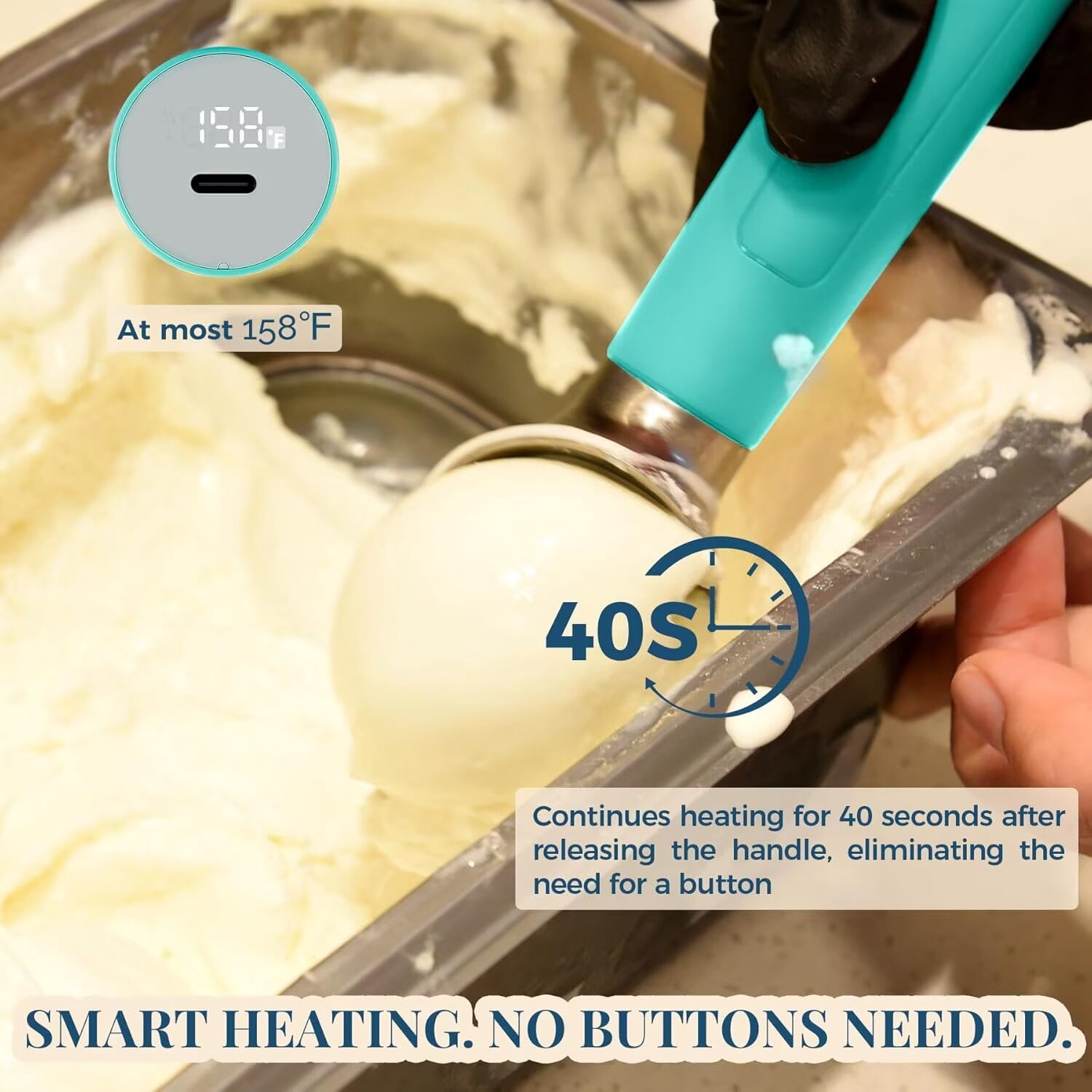 Heated Ice Cream Scoop, USB Rechargeable Electric Scooper with LED Display, Heats to 158°F for Hard Ice Cream, Easy for Seniors & Kids, IP69 Waterproof-Retro Mint