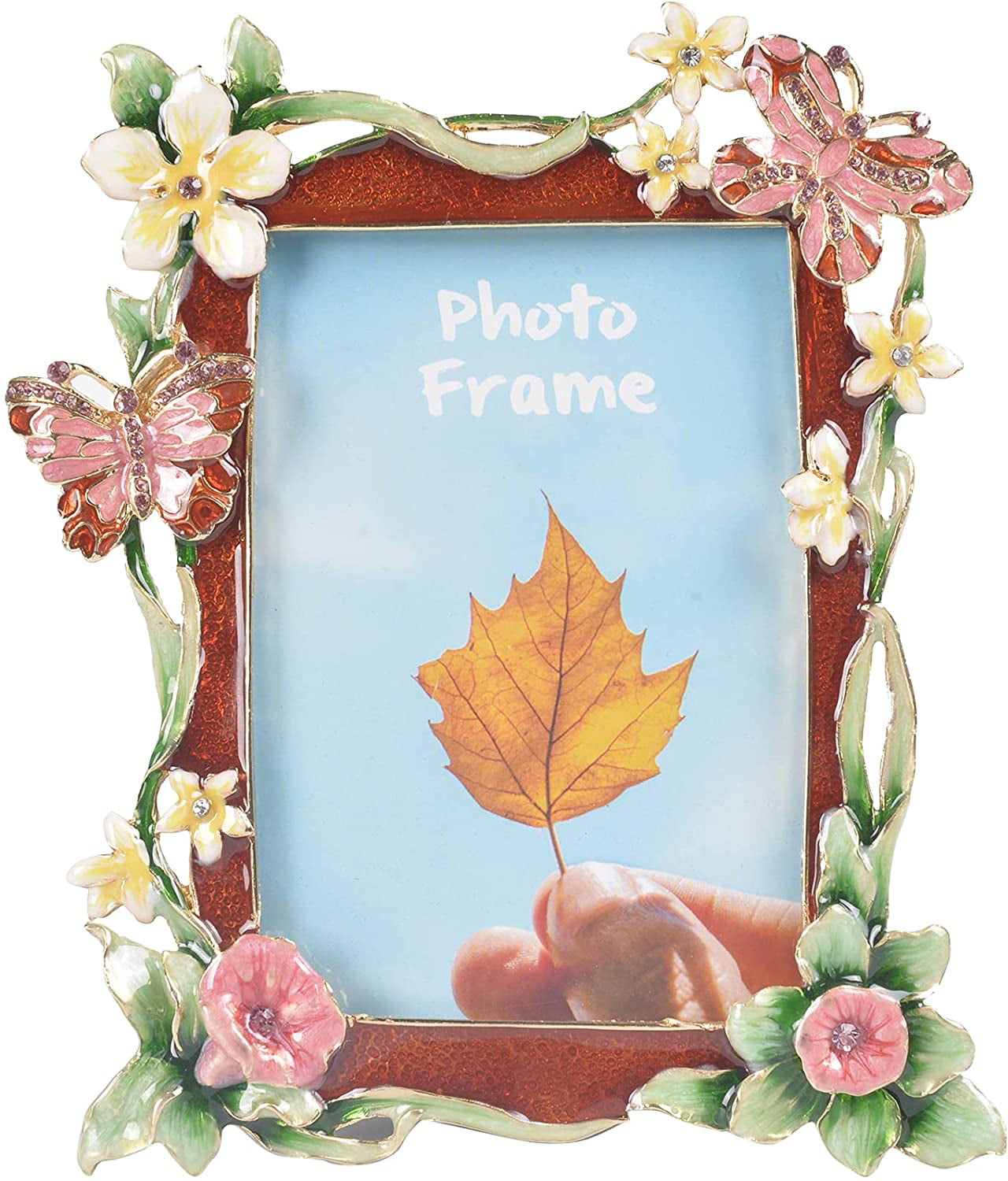 Blue Leaves with Pink Purple Blue Crystals Round Metal Tabletop Photo Frame 4x4 
