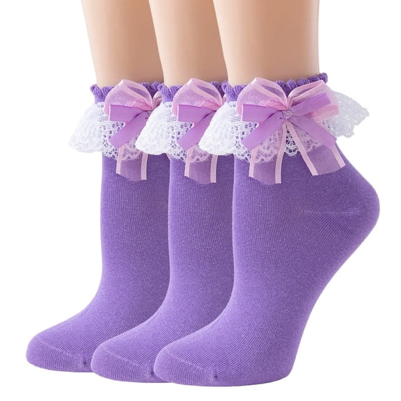 TZYDMN Women Ruffle Socks,Lace Ankle Frilly Comfortable Princess Socks with Bow, 3 Pairs