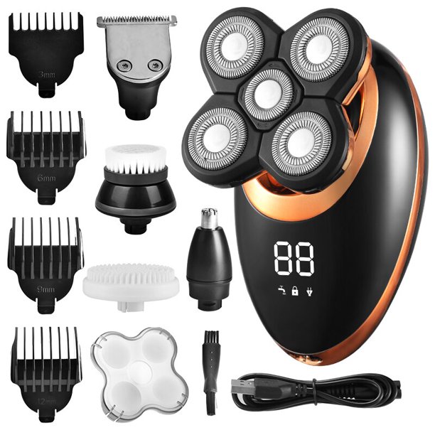 Afeitadora eléctrica para hombres, recortadora de pelo y barba, maquinilla de afeitar eléctrica 5D flotante, cinco cabezales de cuchilla, recortadora de pelo de nariz eléctrica, pantalla LCD qym unisex