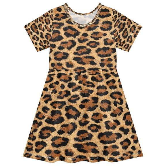 Toddler Girls Short Sleeve Summer Dress, Cute Casual Print Dress for Girls 2-8 Years, Soft Breathable Comfortable Daily Beach Party Dress Wild Amber Cheetah