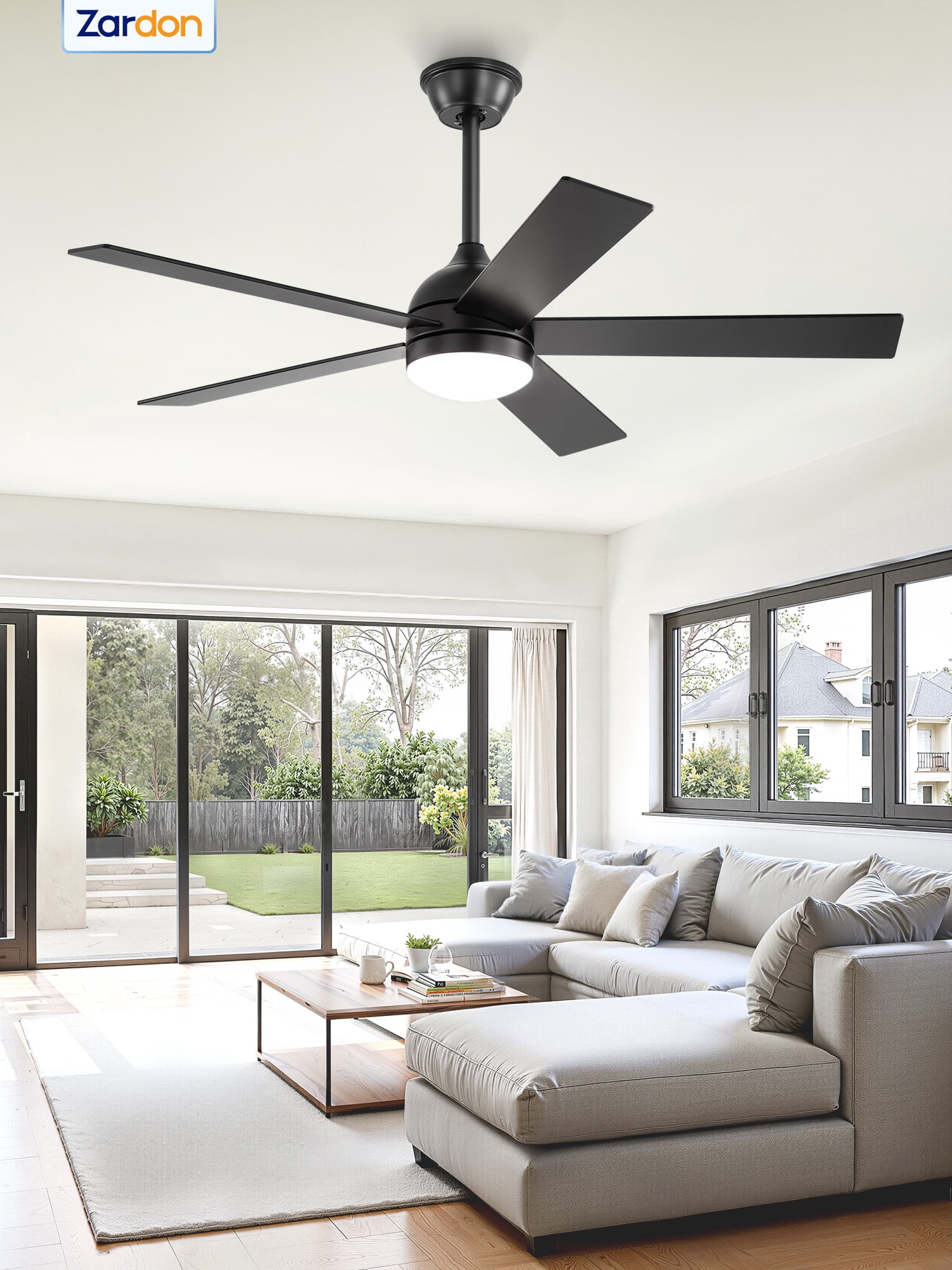 Zardon 48in Ceiling Fans with Light and Remote Control, Modern Flush Mount Ceiling Fans with 6-Speed for Indoor, Outdoor, Black