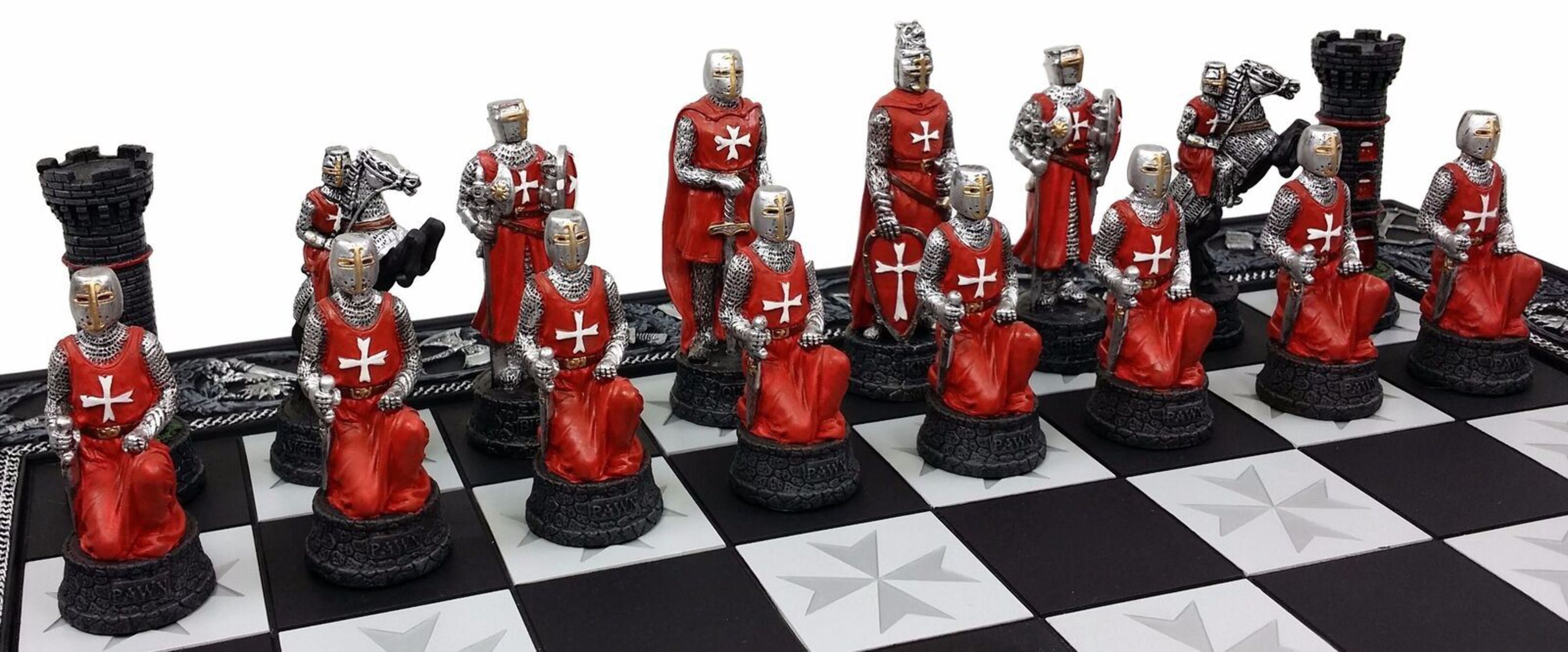 Medieval Times Crusades Red  White Armored Maltese Knights Chess Set 17" Board