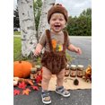 thumbnail image 5 of RUINIXCW Newborn Baby Boy My First Thanksgiving Outfit Infant Boys Fall Clothes Turcky Embroidery Short Sleeve Romper Plush Suspender Shorts Hat Set, 5 of 10