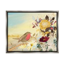 Stupell Industries Mixed Floral Bird Arrangement Painting Luster Gray Floating Framed Canvas Print Wall Art, Design by Robin Maria