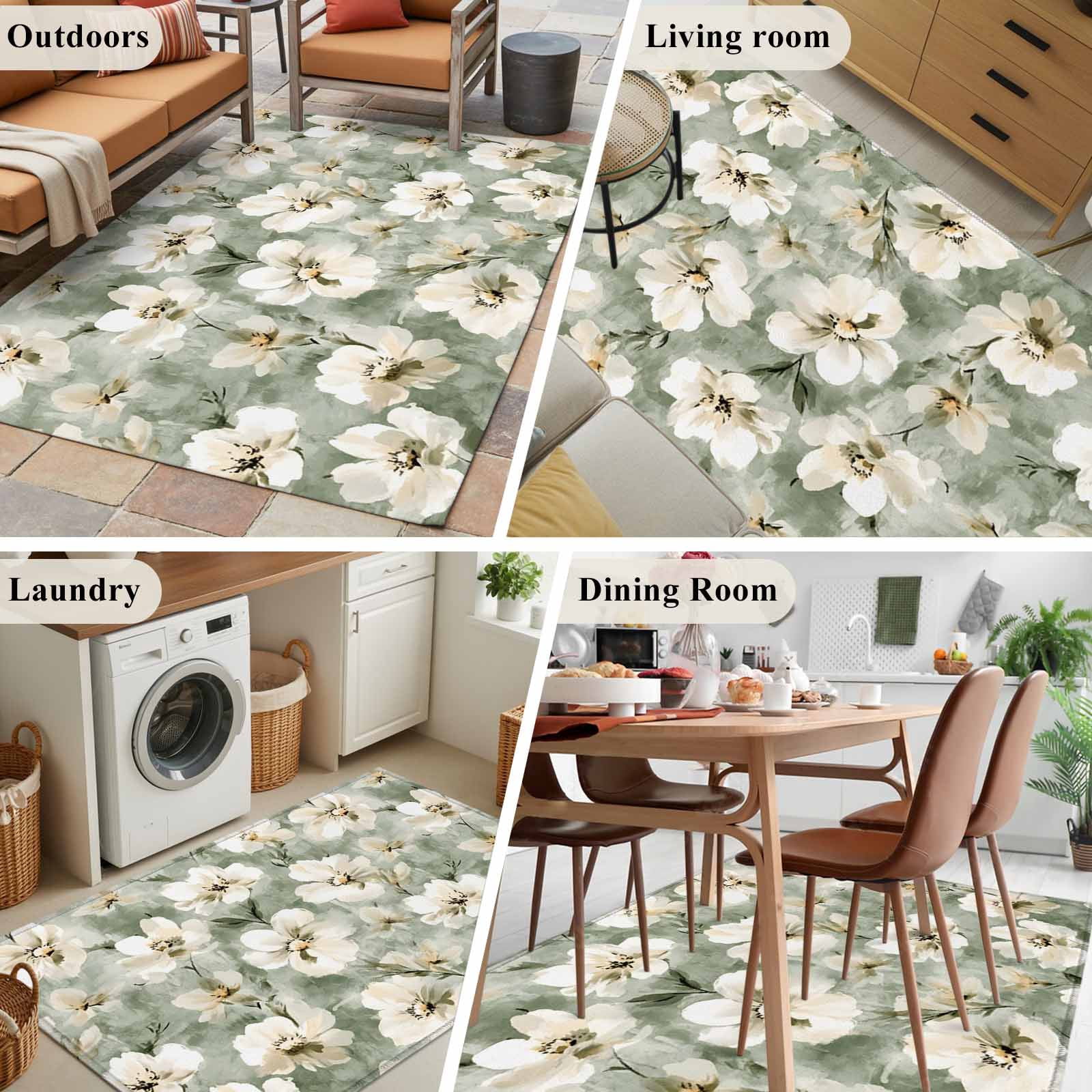 3'x5' Area Rugs, Sage Green Spring Floral Indoor Outdoor Area Rug for Living Room Bedroom, Summer Botanical Flowers Washable Bathroom Rugs Kitchen Floor Carpet Mats Home Decor Aesthetic