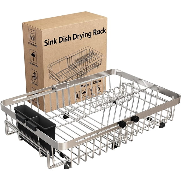 Dish Drying Rack in Sink, Expandable Stainless Steel Dish Drainers for Kitchen Counter, Dish Dryer Rack for Inside Sink, Over The Sink Dish Racks with Utensil Holder, Silver