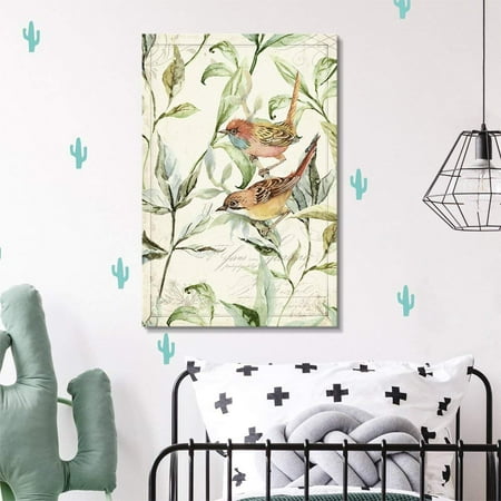 - wall26 Canvas Wall Art - Vintage Style Bird on The Plants Floral Background - Giclee Print Gallery Wrap Modern Home Decor Ready to Hang - 32x48 inches