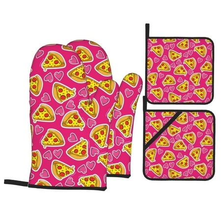 

Oven Mitts and Pot Holders Sets 4 pcs - Cute Pizza Pink Love Heat Resistant Silicone Oven Gloves with Non-Slip Silicone Surface and hot pads for kitchen Baking Cooking BBQ