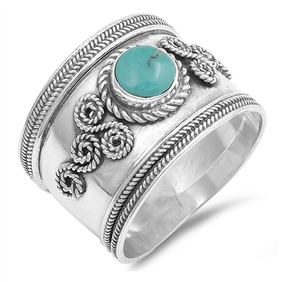 Simulated Turquoise Swirl Bali Antique Design Ring Sterling Silver Size 5