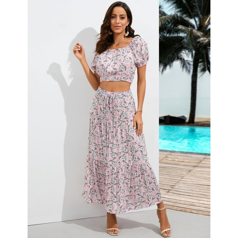 Women s Summer Floral Printed 2 Piece Outfit Off Shoulder Crop Top and Boho Tropical Long Skirt Set Size 2XL Pink