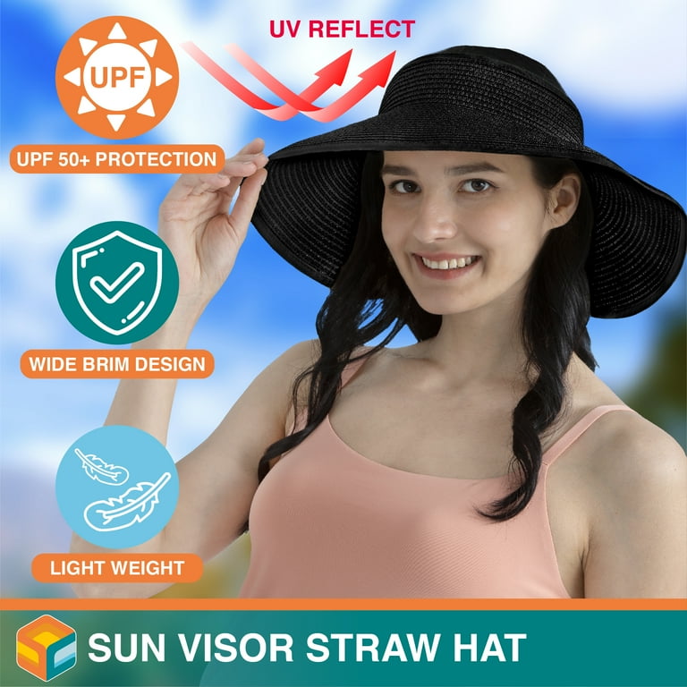 SUN CUBE Sun Visor Hats Women, Straw Beach Hats for Women, Wide Brim Summer  Ponytail Hat, Packable Rollup Visor, Travel Foldable UV Protection Sunhat