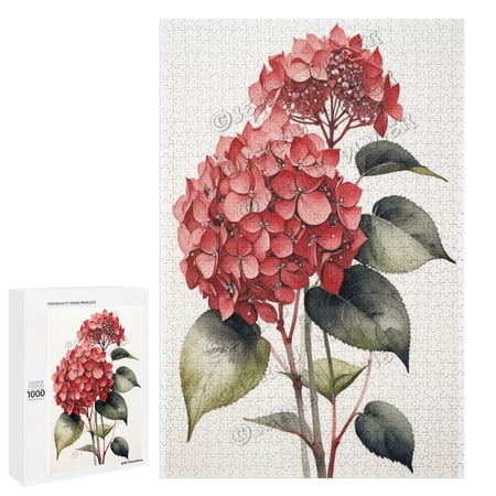 1000 Piece Jigsaw Puzzles for Adults - Wood Puzzles - Watercolor Red Hydrangea Art Style - Fun Puzzle Challenge for Adults and Families | 15 x21