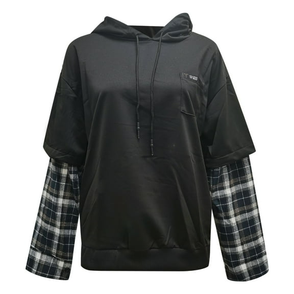 Tiweut Casual Hoodies for Womens Unisex Hoodies Plaid Hooded Long Sleeve Sweatshirt Loose Fit Streetwear Two Tone Layered Pullover Regular Blouses Black,L
