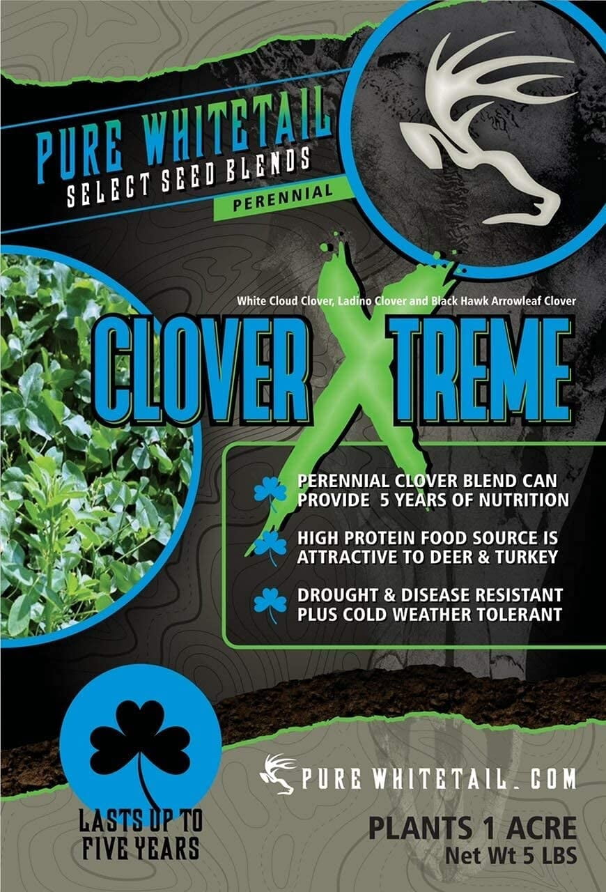 Pure Whitetail Clover Xtreme Perennial Food Plot Seeds for Deer, 5 lb Bag Plants 1 Acre