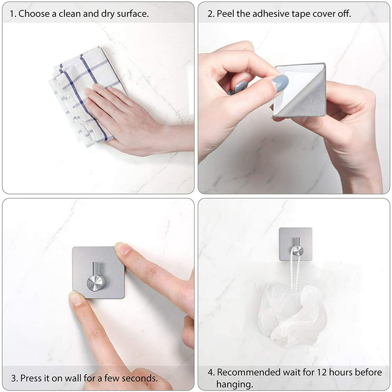 VIS'V Adhesive Hooks, White Self Adhesive Wall Hooks Waterproof Shower  Stick on Hooks Stainless Steel Heavy Duty Sticky Towel Hooks for Bathroom