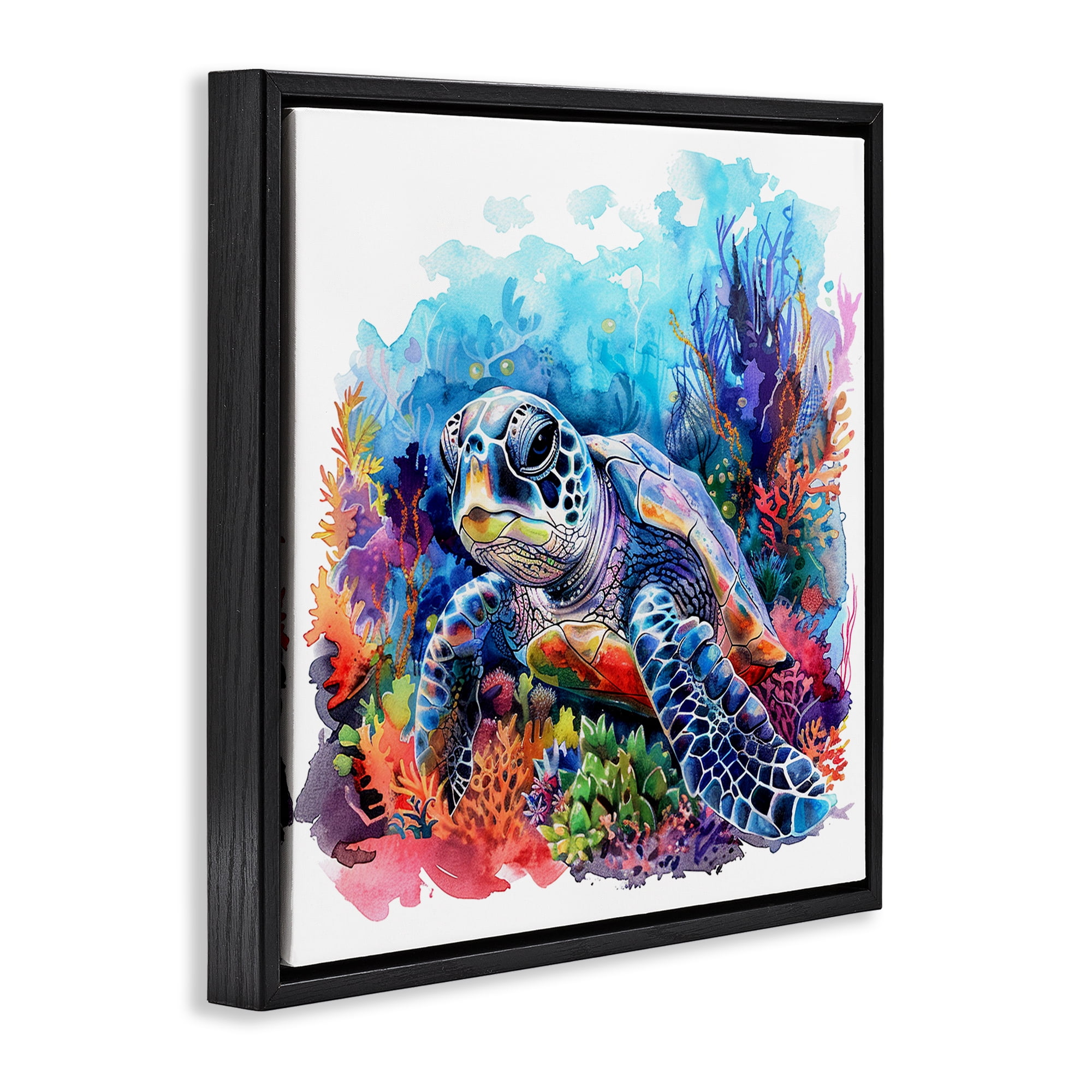 Stupell Industries Undersea Turtle & Coral Animals Painting Black Floater Framed Canvas Art Print Wall Art, 25 x 25