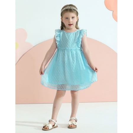 

BULLPIANO 18M-6T Toddler Girls Casual Dress Round Neck Ruffle Sleeve Polka Dots Tulle Summer Dress