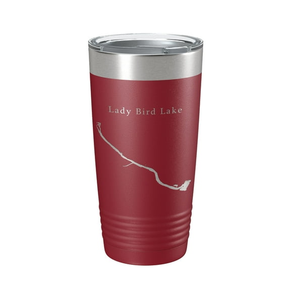Lady Bird Lake Map Tumbler Travel Mug Insulated Laser Engraved Coffee Cup Austin Texas 20 oz Maroon