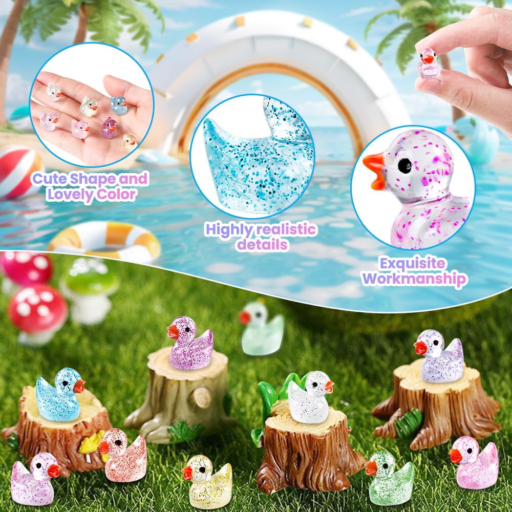 100pcs Mini Glitter Ducks Colorful Tiny Small Little Resin Ducks to Hide Plastic Animal Figures for for Dollhouse Micro Dollhouse Landscape Aquarium Decorations