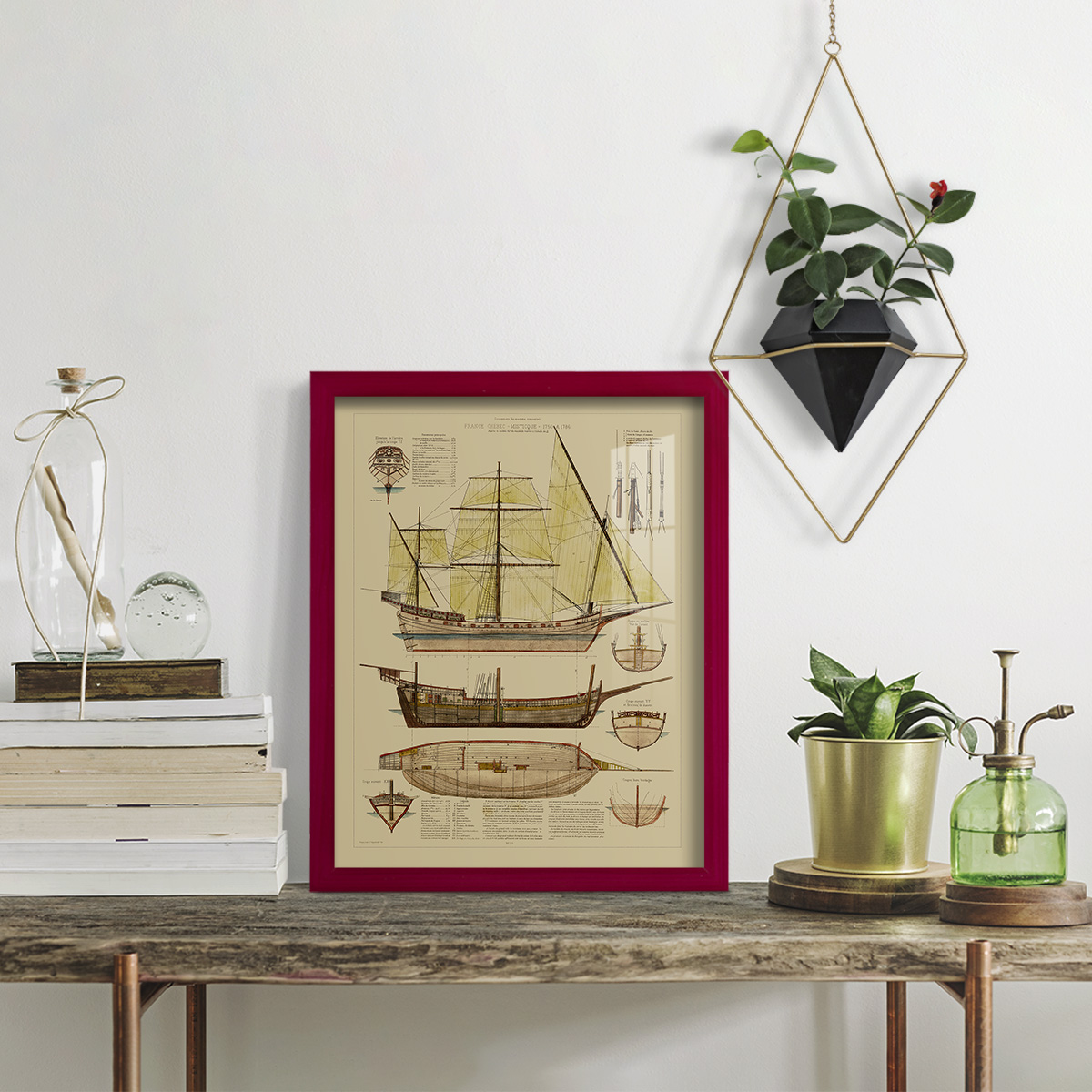 Antique Ship Plan II -Framed Print w/glass-Cherry Red