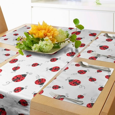 

Ladybugs Table Runner & Placemats Ladybug Dotted Wings Swirls and Curves Pattern Animal Set for Dining Table Decor Placemat 4 pcs + Runner 16 x90 White Black by Ambesonne