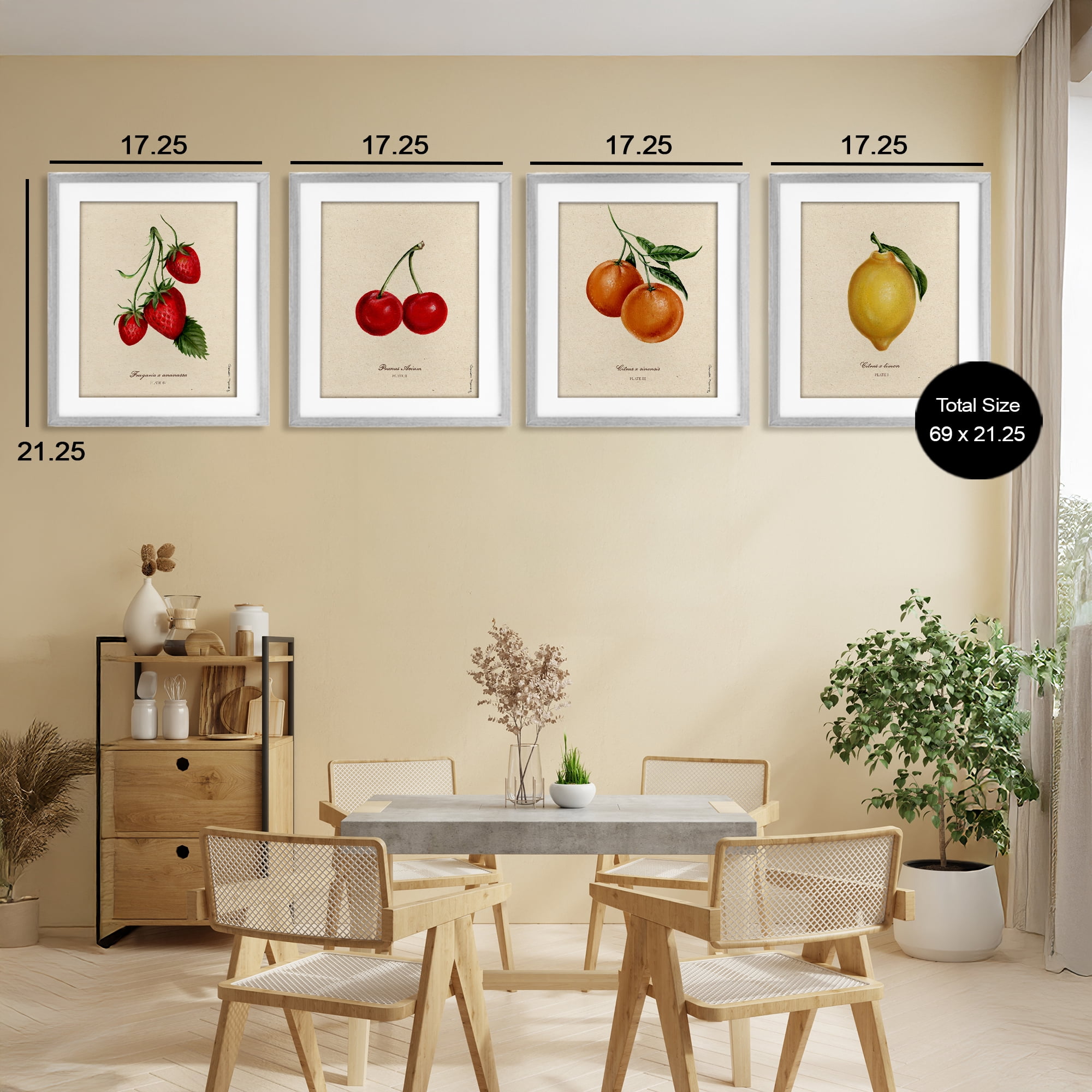 Stupell Industries Vintage Fruit Portraits 4 Piece Gray Framed Print Under Glass Set, design by Danielle Murray