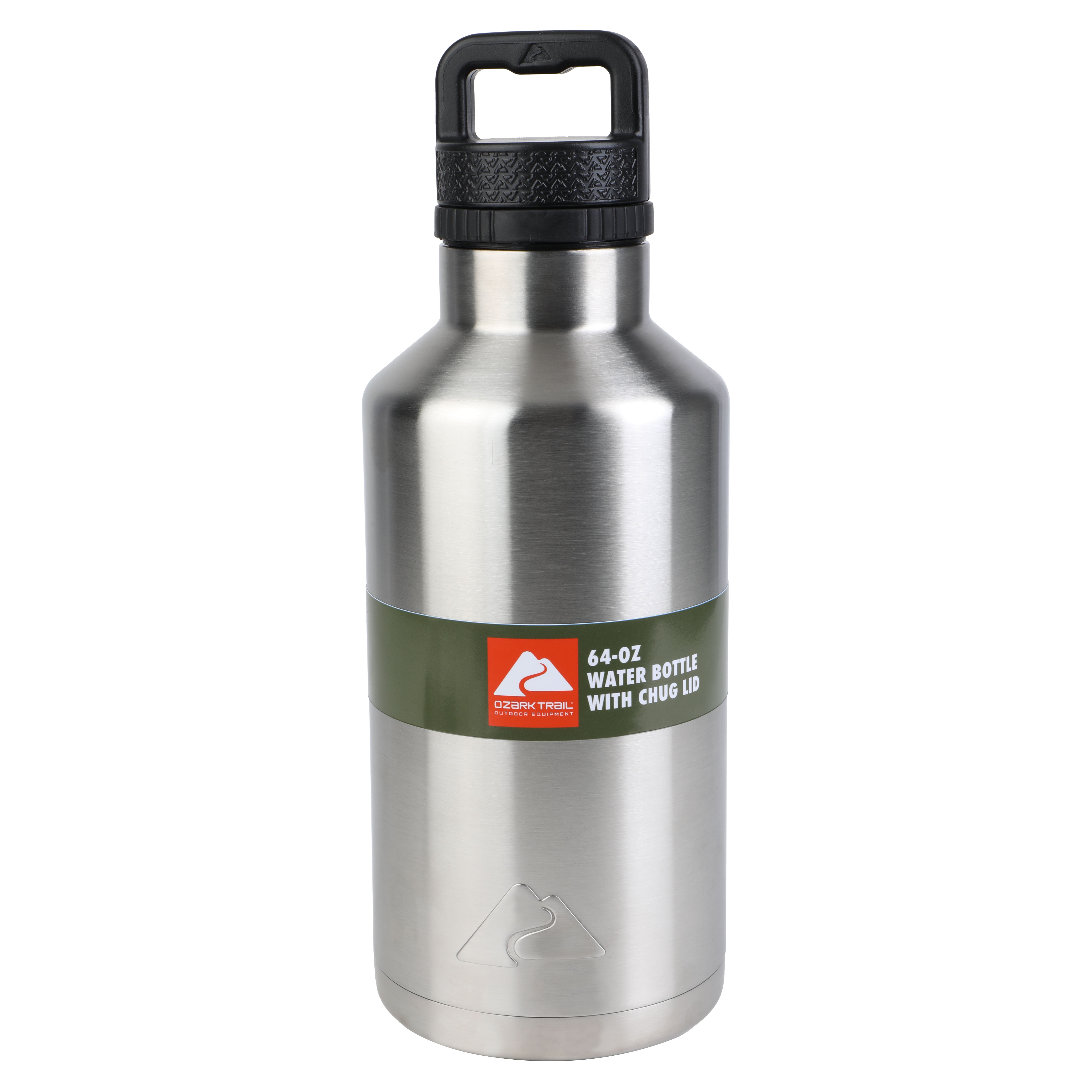 Ozark Trail 64 oz Chug Lid, Double-Wall Vacuum Insulated Stainless Steel Water Bottle, Silver, Keeps Drinks Hot & Cold